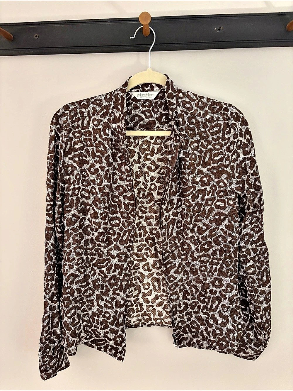 MaxMara Animal Print Zip Blouse in Brown & White Like New